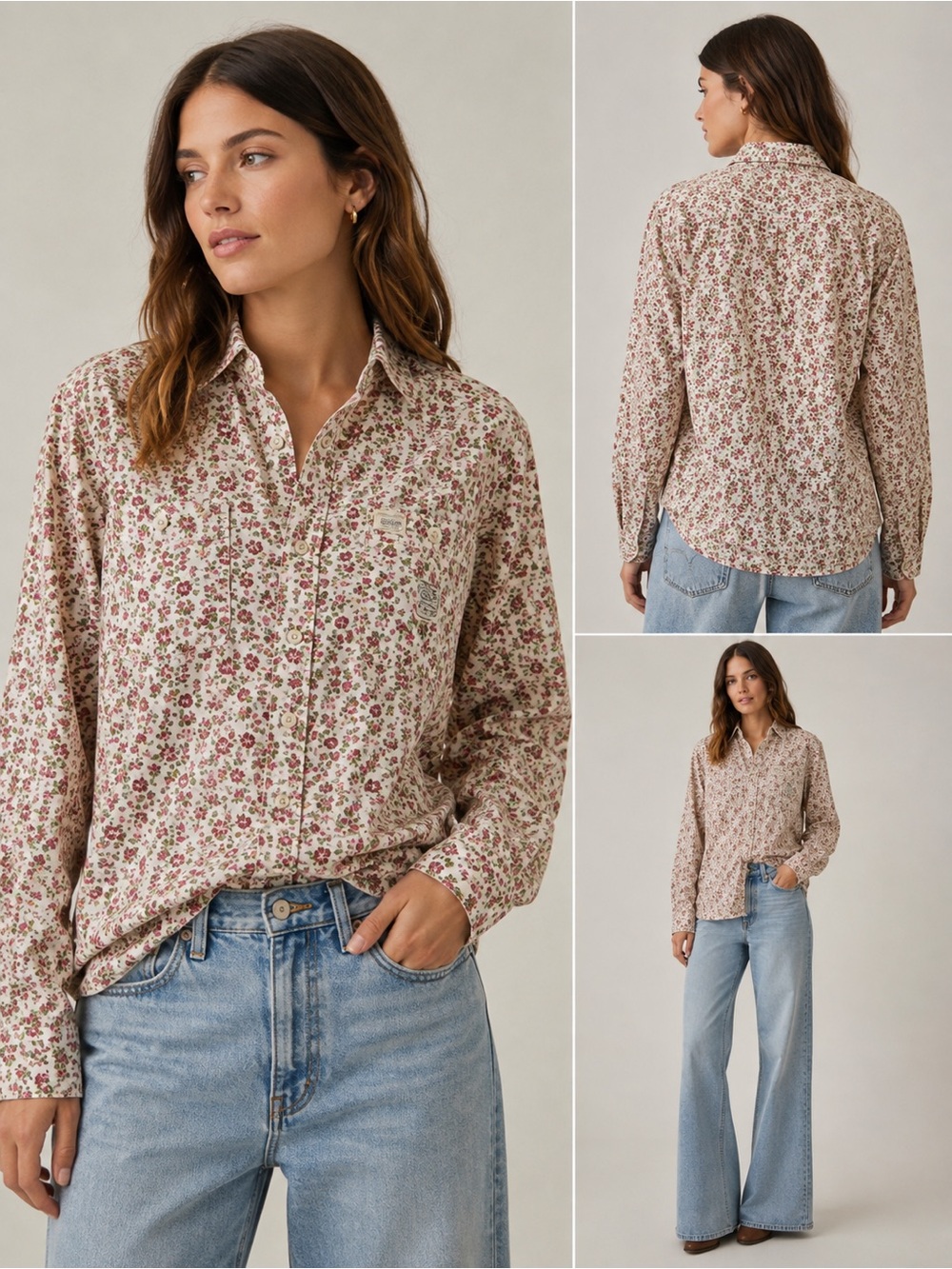 Denim & Supply Ralph Lauren Beige Floral Button-Down Shirt with Pink Accents S